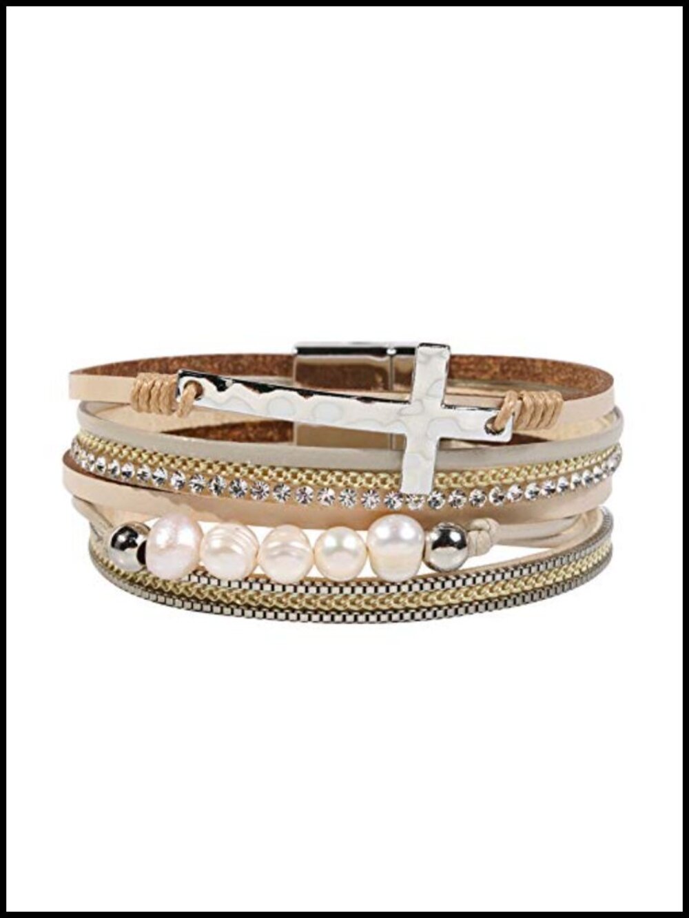 Leather Wrap Bracelet Multi-Layer Cuff Bangle Cross Charm Magnetic Clasp